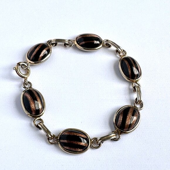 Vintage Oval Glass Cabochon Bracelet with Gold-Tone Links 7" - Picture 4 of 9